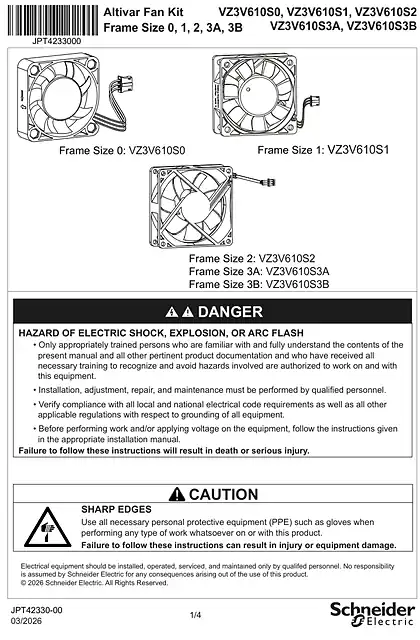 schneider施耐德Instruction Sheet - Fan Kit - Frame Size 0_ 1_ 2_ 3A_ 3B